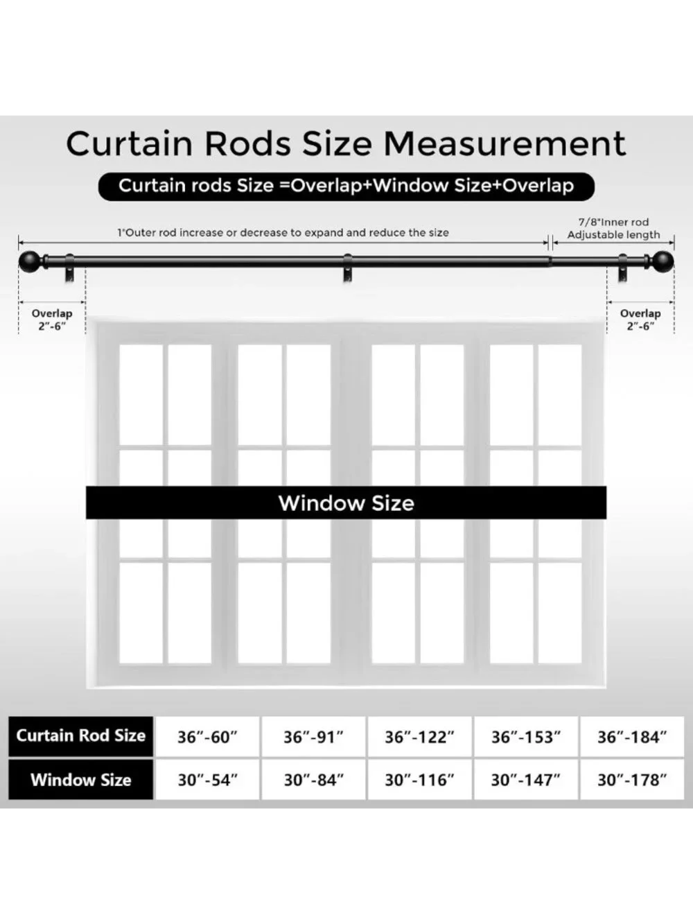 Adjustable 36-91 Inch Black Heavy Duty Curtain Rods for Modern Window Treatments